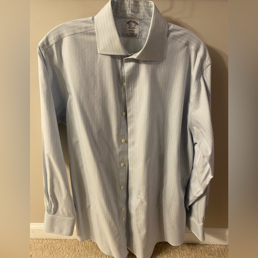 Brooks brothers, double button cuff blue with white stripe dress shirt